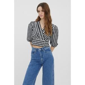 Vero Moda Karma 3/4 Cropped Wrap Blouse L Black & White Check Top Cottage Core